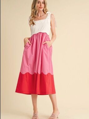 Colorblock Tie-Shoulder Midi Dress in White, Pink & Red
